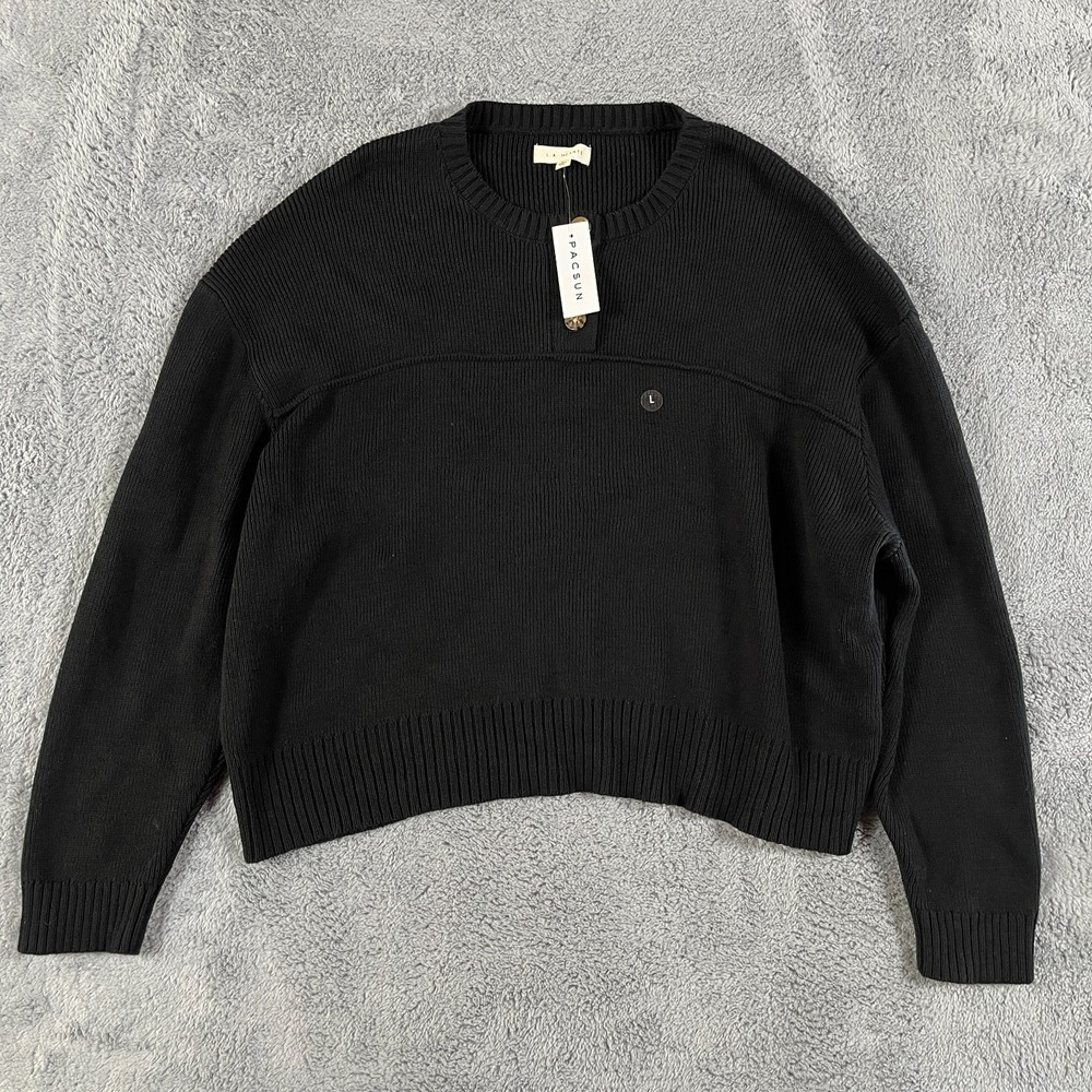 LA Hearts PacSun Cropped Henley Sweater Women L Black Ribbed Knit Long Sleeve